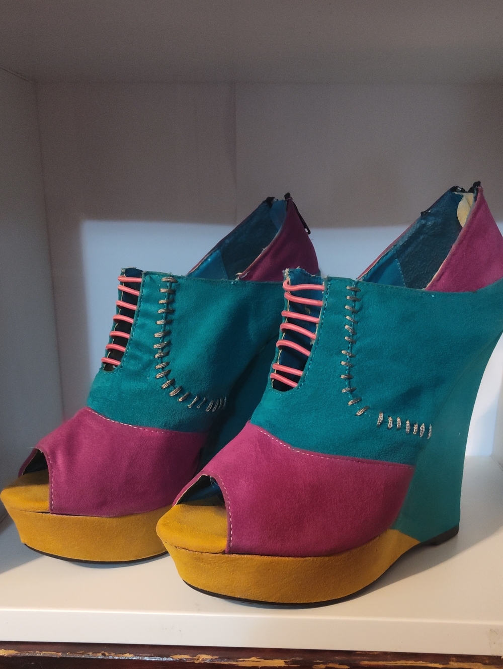 Colorblock faux Suede Wedge Peep Toe Heels in Teal, Magenta & Mustard